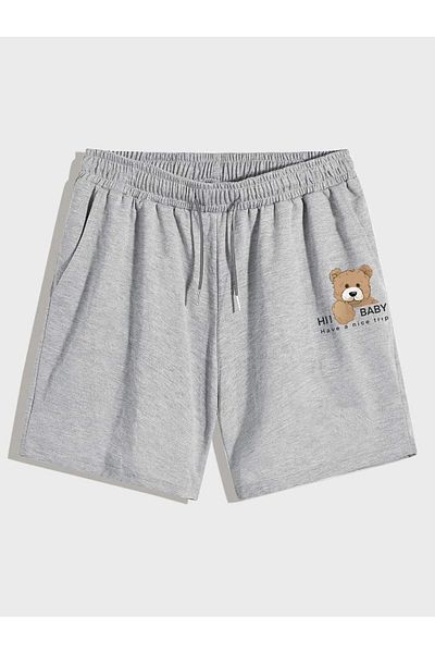 Boi Teddy Bear Printed Oversize καλοκαιρινό χτενισμένο βαμβακερό σορτς - Μαύρο Γκρι