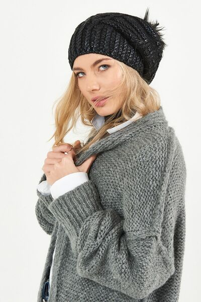 POSUSS Simli Ponponlu Akrilik Kadın Bere Siyah - Ps453