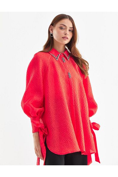 Kayra Sequined Balloon Sleeve Blouse Red