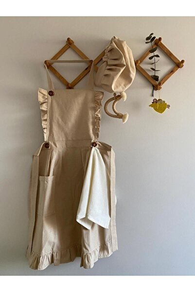 Hayalperest مريلة مطبخ باللون البيج مع كشكشة ومفصلة مع قبعة