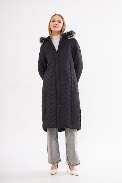 S&V TEKSTİL Women's Black Long Quilted Coat Coat