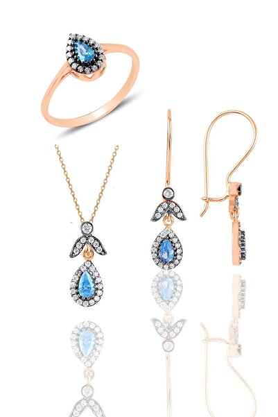 Söğütlü Silver Gümüş Rose Akuamarin Taşlı Damla Üçlü Set Sgtl10988