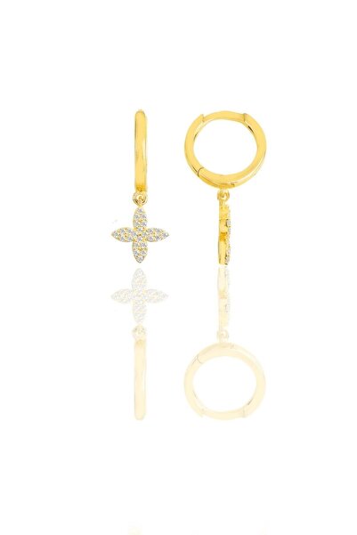 Söğütlü Silver Gümüş Altın Yaldızlı Zirkon Taşlı Dört Yapraklı Yonca Küpe Sgt...