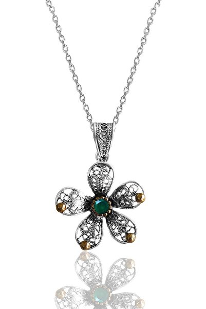 Söğütlü Silver Gümüş Kök Zümrüt Taşlı Telkari Işlemeli Çiçek Kolye Sgtl12133y...