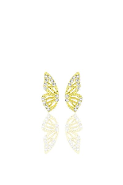 Söğütlü Silver Gümüş altın yaldızlı zirkon taşlı özel tasarım kelebek küpe SGTL12261GOLD