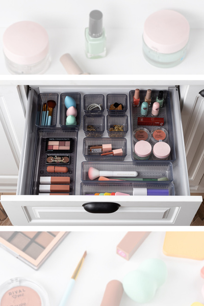 Meleni Home 19-piece Anthracite Colored Drawer Organizer - Cosmetic and Makeup Jewelry In-cabinet Organizer