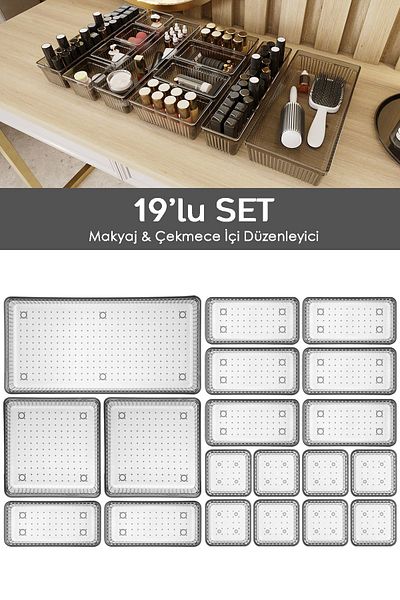 Meleni Home 19-piece Anthracite Colored Drawer Organizer - Cosmetic and Makeup Jewelry In-cabinet Organizer
