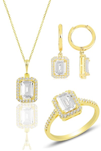 Söğütlü Silver Gümüş Altın Yaldızlı Baget Taşlı Üçlü Set Sgtl11564