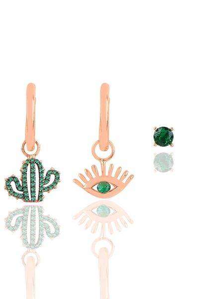 Söğütlü Silver Gümüş Rose Yeşil Taşlı Kaktüslü Kombin Üçlü Küpe Seti Sgtl1177...