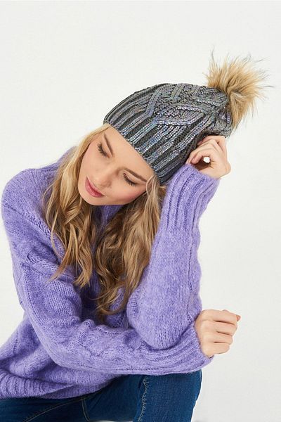 POSUSS Glittery Pompom Acrylic Women's Beanie Anthracite - Ps257