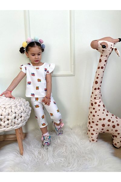 LİLLYPİCCA Girl's Corduroy Floral Patterned Ruffle Sleeve Capri 2 Piece Set