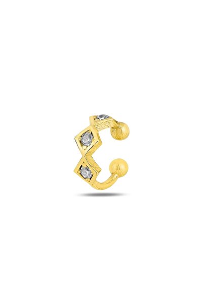 Söğütlü Silver Gümüş Altın Yaldızlı Zirkon Taşlı Dilim Görünümlü Sıkıştırmalı Kıkırdak Küpe Sgtl11957gold