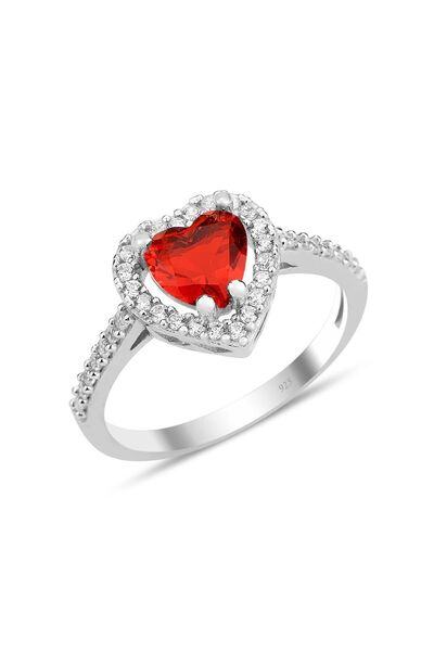 Söğütlü Silver Gümüş rodyumlu kırmızı taşlı pırlanta montürlü Kalp modeli yüz...