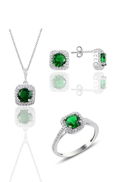 Söğütlü Silver Gümüş Rodyumlu Kök Zümrüt Taşlı Kare Üçlü Set Sgtl10762