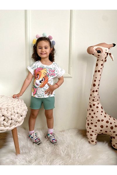 LİLLYPİCCA GIRL'S PAW PATTERNED COMBED T-SHIRT & KNITTED SHORTS COMBINATION 2-PIECE SET