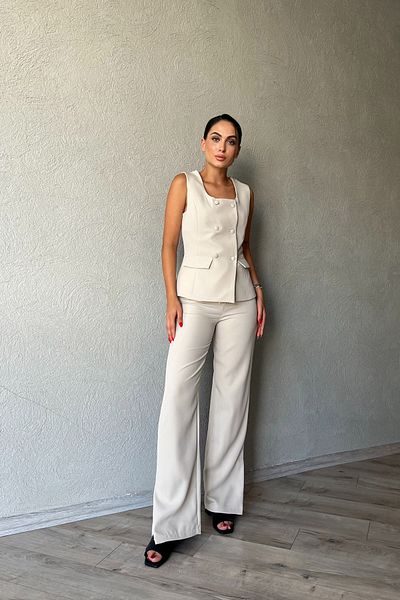 Seda Yalçın Atelier Beige Square Collar - Buttoned Vest Suit Set