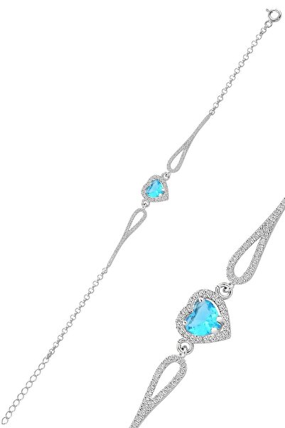Söğütlü Silver Gümüş rodyumlu akuamarin taşlı pırlanta modeli kalp bileklik S...