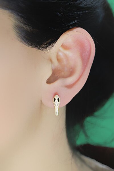 Söğütlü Silver Gümüş Altın Yaldızlı Siyah Taşlı Yılan Halka Küpe Sgtl10555gold