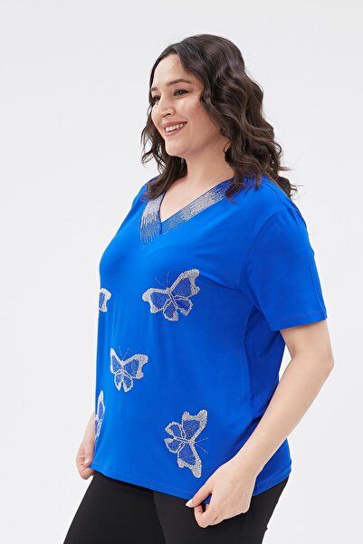 Ebsumu Plus Size Blue Blouse - Butterfly Stone Printed