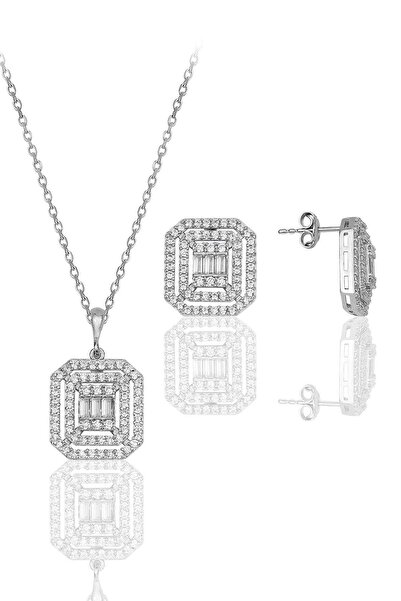 Söğütlü Silver Gümüş Rodyumlu Pırlanta Montürlü Taşlı Baget Kolye Ve Küpe Set...