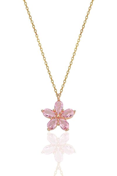 Söğütlü Silver Gümüş rose damla kesim pembe taşlı çiçek kolye SGTL12407PEMBE