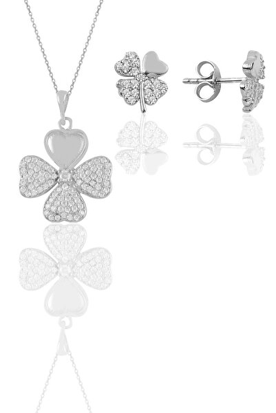 Söğütlü Silver Gümüş Rodyumlu Zirkon Taşlı Yonca Kolye Ve Küpe Ikili Set Sgtl...