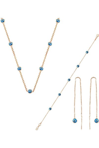 Söğütlü Silver Gümüş Rose,cam Göz Nazar Kolye Küpe Ve Bileklik Gümüş Set Sgtl...