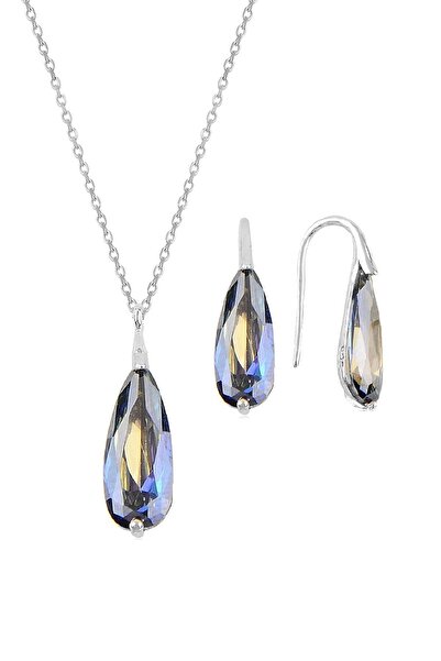 Söğütlü Silver Gümüş Rodyumlu Mavi Mistik Taşlı Damla Kolye Ve Küpe Ikili Gümüş Set Sgtl10599mavımıstık