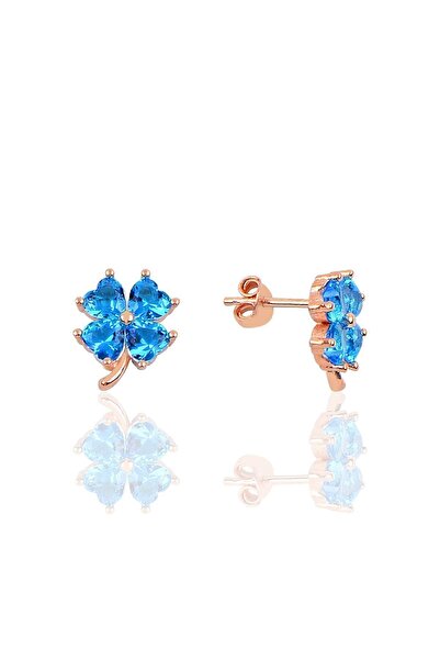 Söğütlü Silver Gümüş Yonca Modeli Akuamarin Renk Taşlı Küpe Sgtl10066akua