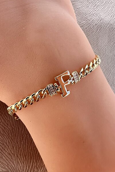 Söğütlü Silver Gümüş altın yaldızlı zirkon taşlı üç boyutlu gurmet zincirli F harf bileklik SGTL12300GOLD-F
