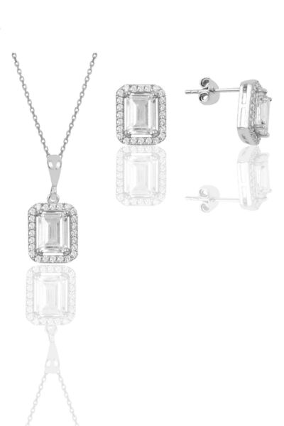 Söğütlü Silver Gümüş Rodyumlu Zirkon Taşlı Baget Kesim Ikili Set Sgtl11567beyaz