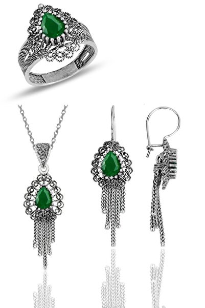 Söğütlü Silver Gümüş Kök Zümrüt Taşlı, Püsküllü, Oksitli Telkari Üçlü Set Sgt...