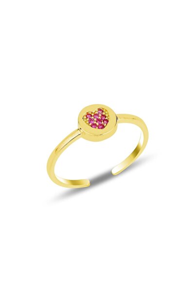 Söğütlü Silver Gümüş Altın Yaldızlı Fuşya Taşlı Kalp Modeli Ayarlamalı Yüzük ...