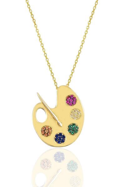 Söğütlü Silver Gümüş altın yaldızlı renkli zirkon taşlı palet kolye SGTL10060...