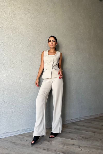 Seda Yalçın Atelier Beige Square Collar - Buttoned Vest Suit Set