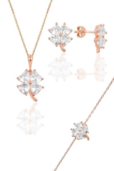 Söğütlü Silver Gümüş Rose Zirkon Taşlı Yonca Modeli Üçlü Set Sgtl10581beyaz