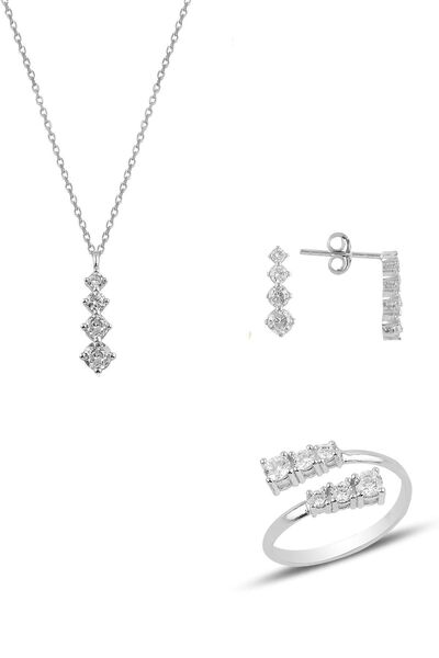 Söğütlü Silver Gümüş Rodyumlu Zirkon Taşlı Pırlanta Modeli Pırıltı Üçlü Set S...