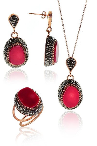 Söğütlü Silver Kadın Gümüş Mercan Taşlı Otantik Üçlü Set SGTL9391