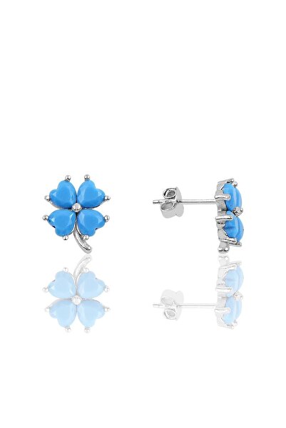 Söğütlü Silver Gümüş Yonca Modeli Turkuaz Taşlı Küpe Sgtl10067turkuaz