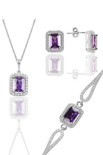 Söğütlü Silver Gümüş Rodyumlu Ametis Taşlı Baget Kesim Üçlü Set Sgtl11598mor