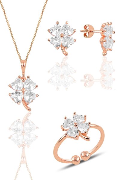 Söğütlü Silver Gümüş Rose Zirkon Taşlı Yonca Kolye Küpe Ve Yüzük Üçlü Set Sgt...