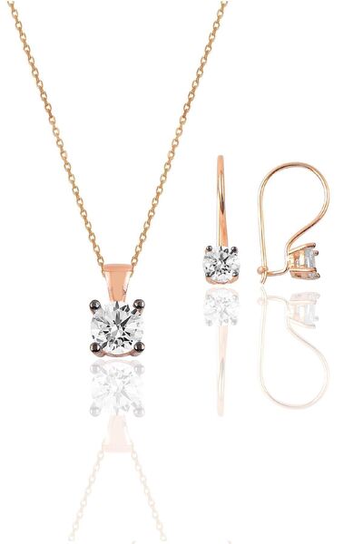 Söğütlü Silver Gümüş Rose Tek Taş Kolye Ve Çengelli Küpe Gümüş Set Sgtl10594rose