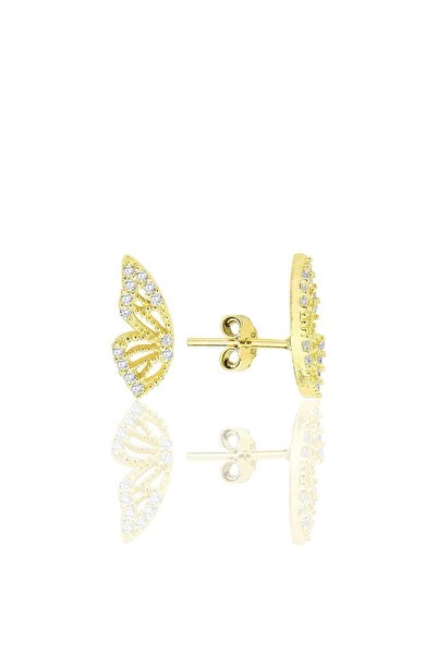 Söğütlü Silver Gümüş altın yaldızlı zirkon taşlı özel tasarım kelebek küpe SGTL12261GOLD