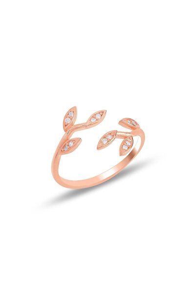 Söğütlü Silver Gümüş Rose Zirkon Taşlı Üstten Ayarlamalı Yaprak Yüzük Sgtl116...