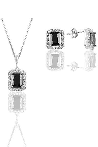 Söğütlü Silver Gümüş Rodyumlu Siyah Taşlı Baget Kesim Ikili Set Sgtl11567sıyah