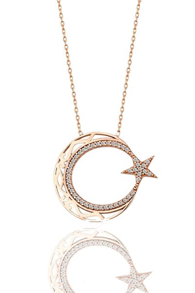 Söğütlü Silver Gümüş Rose Zirkon Taşlı Ayyıldız Modeli Rose Gümüş Kolye