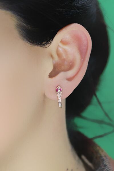 Söğütlü Silver Gümüş Rose Fuşya Taşlı Yılan Halka Küpe Sgtl10554rose