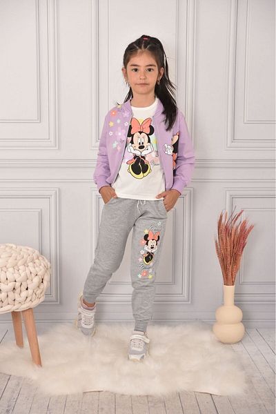 LİLLYPİCCA Girl's Minnie Patterned TWO THREAD CARDIGAN - Long sleeve sweatshirt - Gray pocketed bottom tracksuit 3-Piece Set
