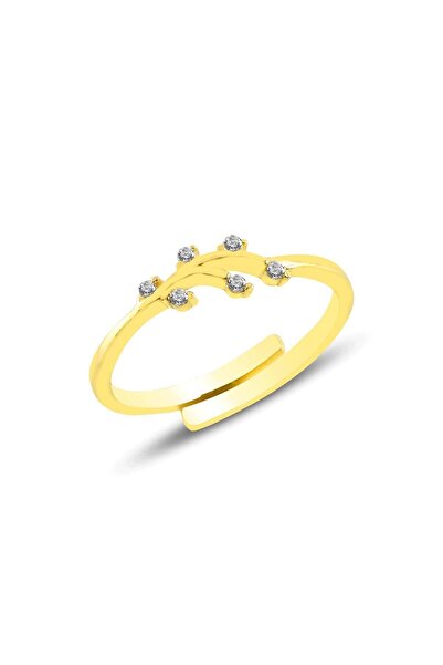 Söğütlü Silver Gümüş Altın Yaldızlı Zirkon Taşlı Alttan Ayarlamalı Yaprak Yüz...