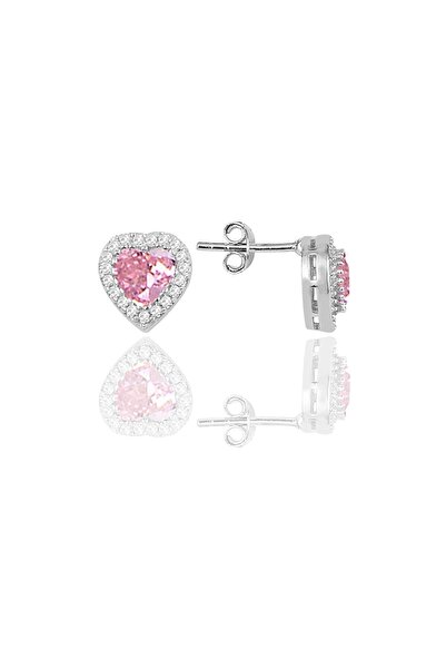 Söğütlü Silver Gümüş Rodyumlu Pırlanta Modeli Pembe Zirkon Taşlı Kalp Küpe Sg...